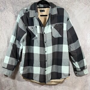 Caliville Men's Sherpa-Lined Flannel Shacket Plaid Black Pale Ice Blue Gray, XL